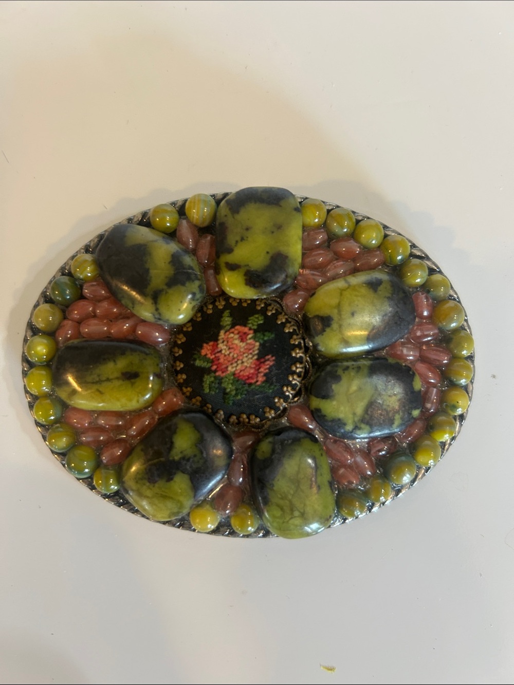 Ivan Metal Belt Buckle Chunky Stone Bead Embroidered Rose Hippy Vibe Green Pink